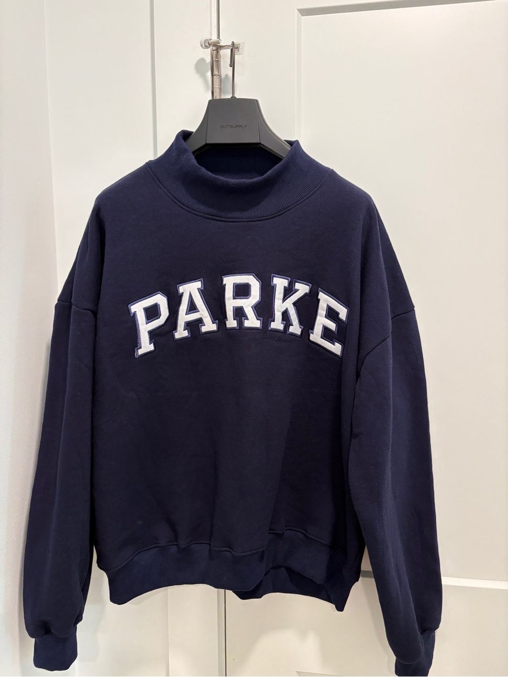 Parker Navy Cowl-Neck Sweatshirt with White Lettering